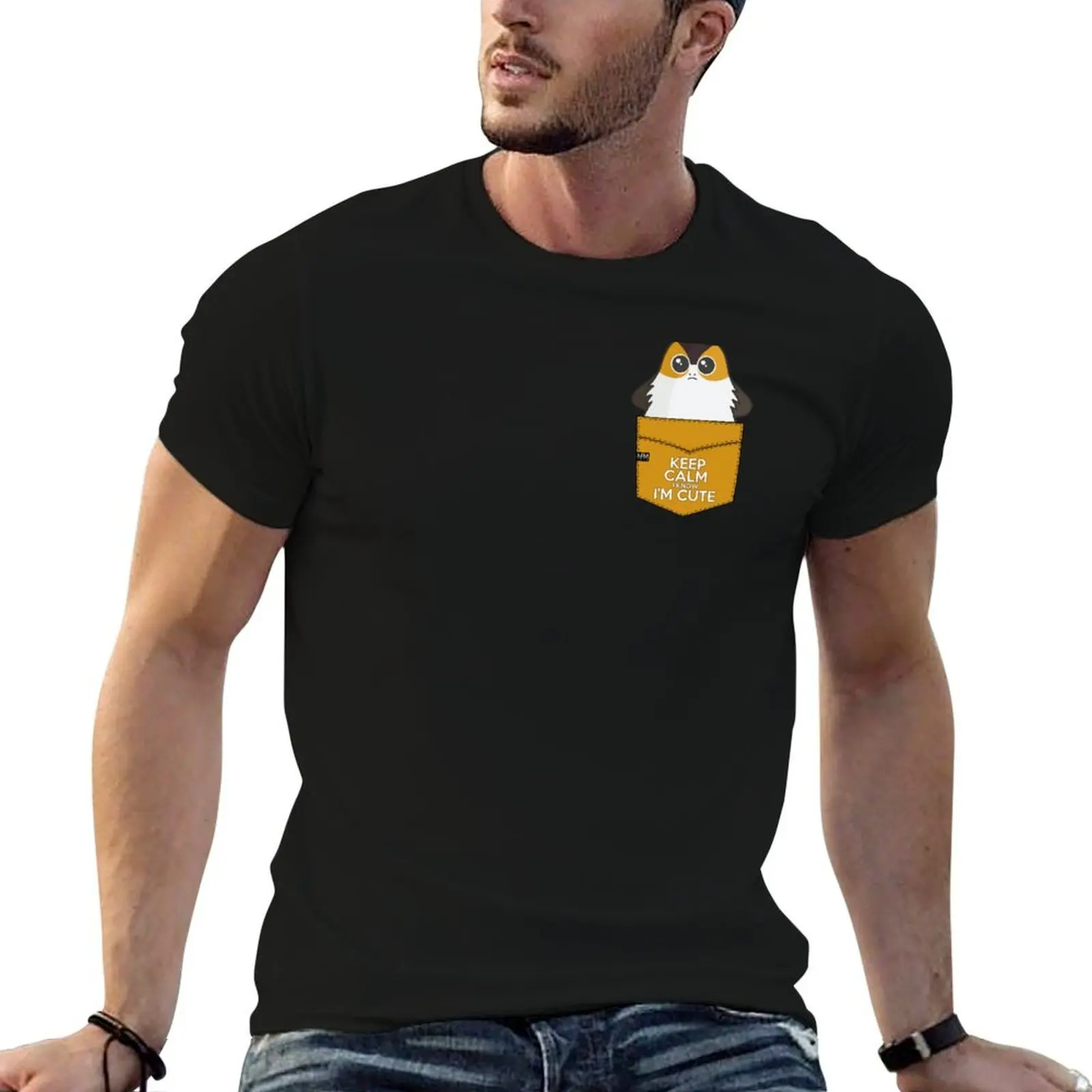 Keep Calm I know I'm Cute - porg pouchie shirt - pocket T-Shirt kawaii clothes funny shirt cotton clothes for men
