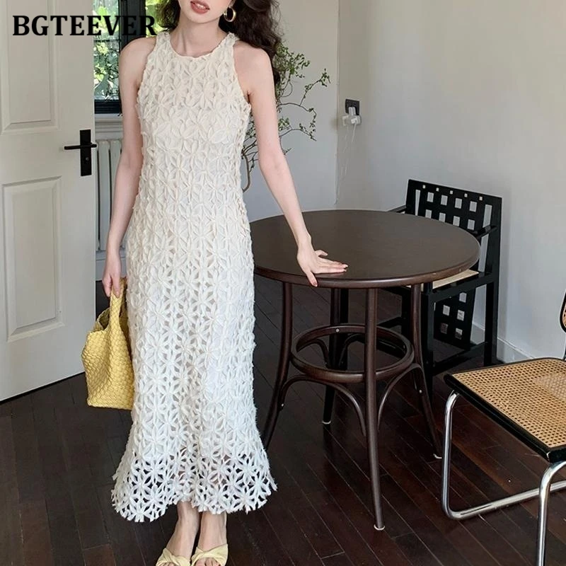 

BGTEEVER Chic Fashion Summer O-neck Female Hollow Out Sleeveless Midi Dress Elegant Loose Women Straight Dress Ladies Vestidos