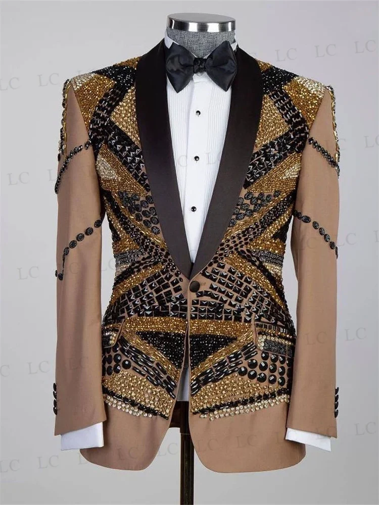 

Luxurious Men Suits One Piece Blazer Beadings Diamonds Crystals Sheer Lapel Party Tuxedo Wedding Groom Plus Size Custom Made