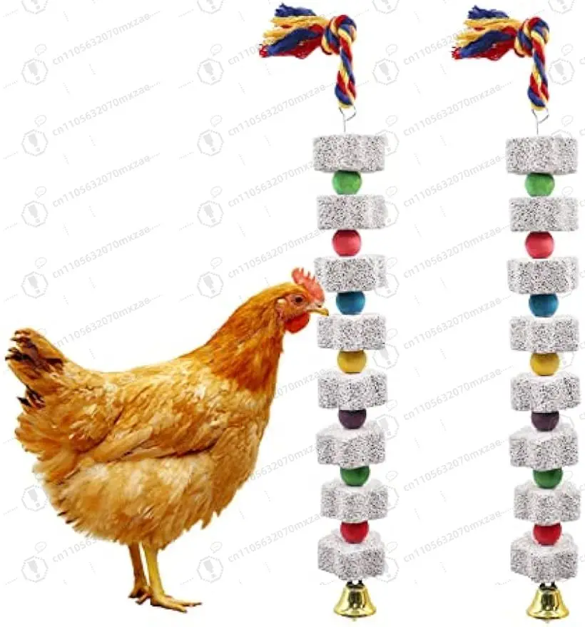 2 Pack Chicken Chewing Toy with Bells Beak Grinding Stone for Parrot Budgies Hamster Rabbit