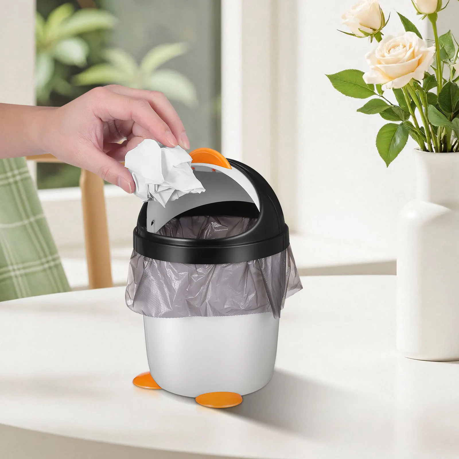 

Penguin Trash Can Large Capacity Plastic Waste Bin For Bedroom Office Car Kitchen Room Bathroom Desktop Mesh Dustbin Kawaii