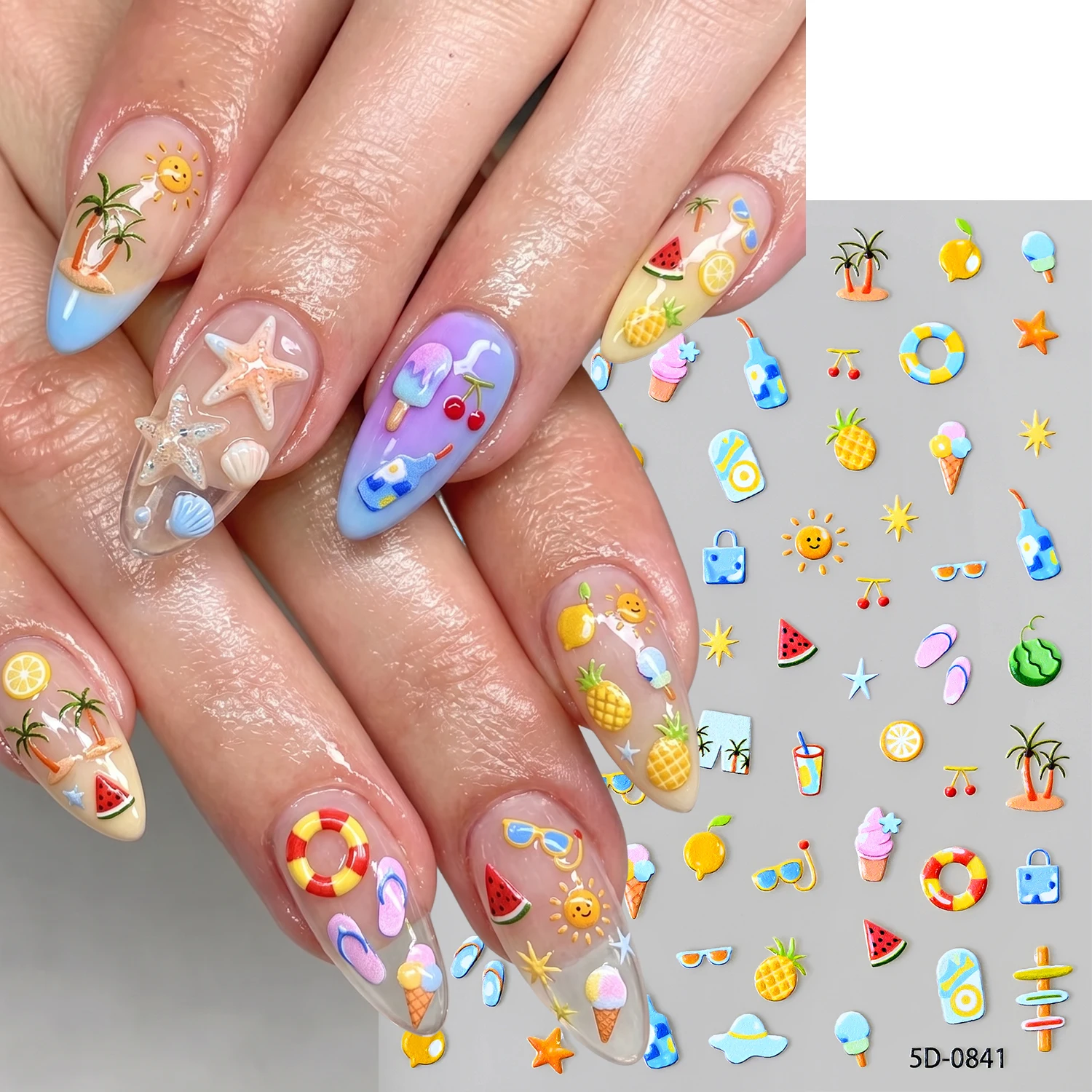 5D Embossed Colorful Ice Cream Fruit Nail Stickers Summer Beach Coconut Tree Bikini Nail Declas Watermelon Star Kawaii Sliders