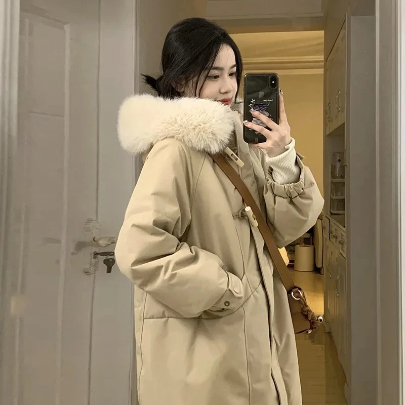 

Parker Cotton Womens 2024, зимняя новая хлопковая куртка выше колена, хлопковые куртки на пуговицах с коровьим рогом, модное теплое длинное толстое пальто