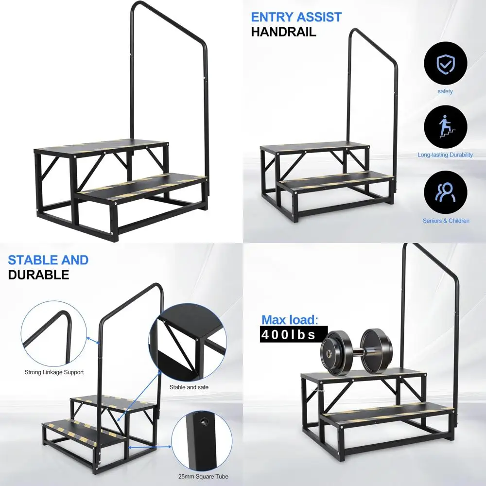 

portable rv stairway with handrail, 400 lbs capacity, anti-slip surface for mobile homes and hot tubs