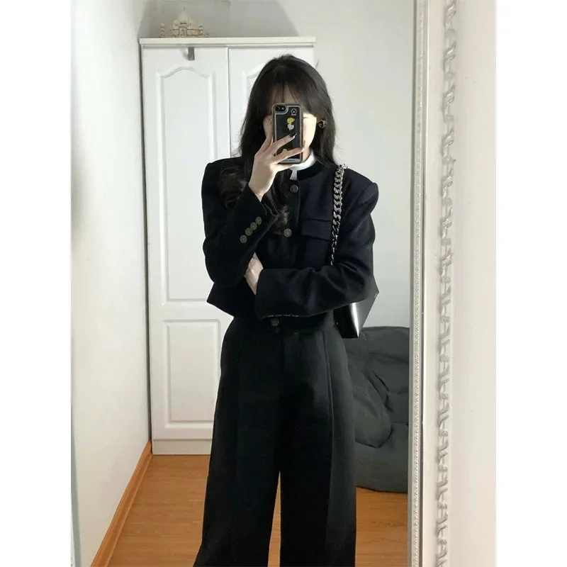 Korean Black Two Piece Sets Women Outifits Autumn Winter Long Sleeve Cropped Blazer Coat + High Waisted Wide Leg Pant Suits Y2k