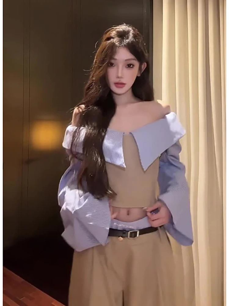 

Американский комплект для горячих девушек, дизайн Sense, полосатый топ на одно плечо, женские осенние широкие брюки с высокой талией, комплект из двух предметов