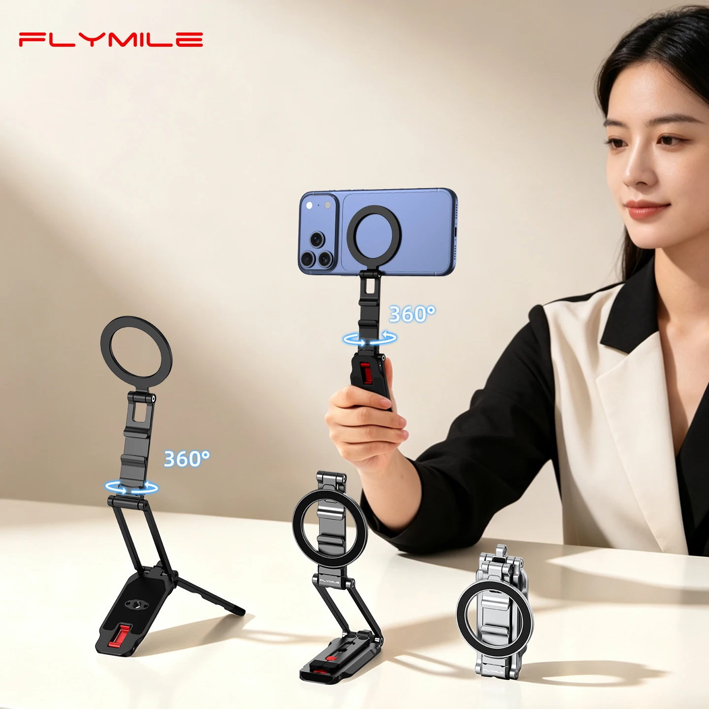 Flymile Magnetic Phone Stand for iPhone18 Pro Max 17 16 15 14 Rotatable with Hidden Hook for Magsafe Tripod for Vlog Video