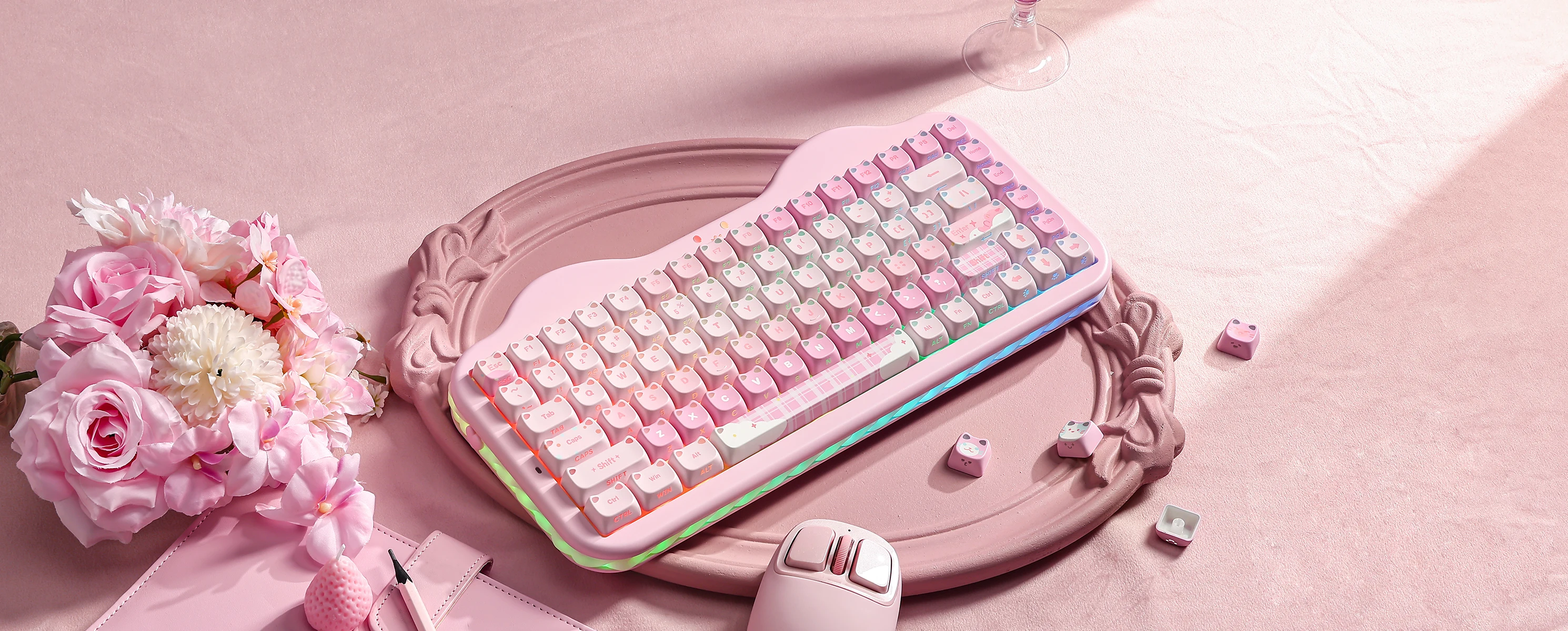 YUNZII C75 MAO Edition Mechanical Keyboard,Cute Ear Translucent Keycap,Wireless 75% NKRO Keyboards,RGB Cake Design for Win/Mac