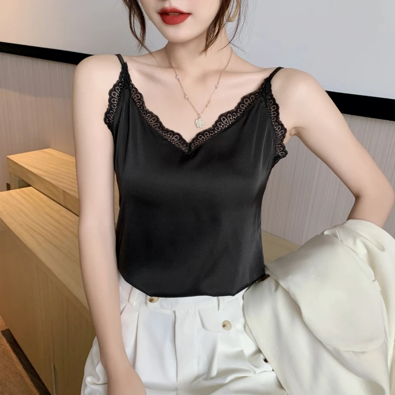 

Lace Camisole Vest for Women Summer Satin Bottom Blouse Sexy Ladies Tops Korean Fashion Women Clothing Vintage Elegant Tank Top