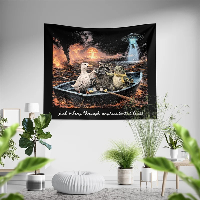 Aertemisi Funny Just Vibing Through Unprecedented Times Cowboy Frog Tapestry Wall Hanging for Bedroom Living Room College Dorm