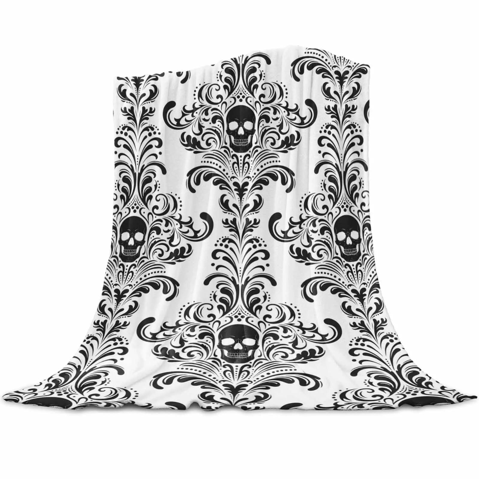 

White Background Skull Pattern Throws Blankets for Sofa Bed Winter Soft Plush Warm Family Friends Holiday Gifts