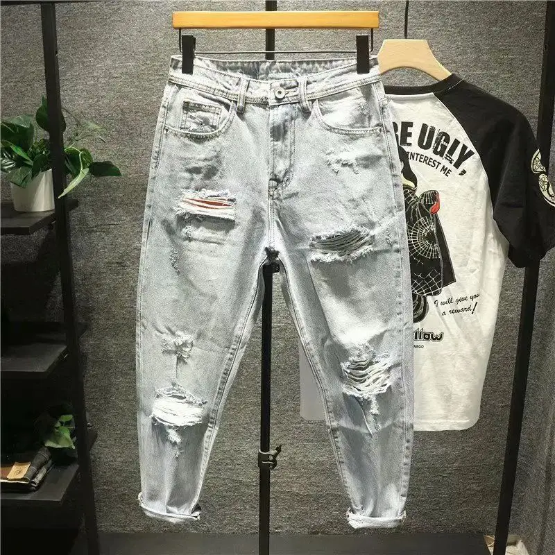 

Men's Ripped Jeans 2025 Vintage Clothes Patch Hole Beggar Straight Leg Youthful Vitali Eighteen-length Pants Autumn Season