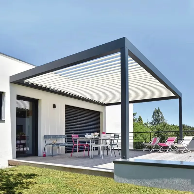 Custom Outdoor Gazebo  Modern Aluminum Alloy Electric Louvered Roof Gazebo for Garden  Terrace  Pool & Courtyard Sunshade