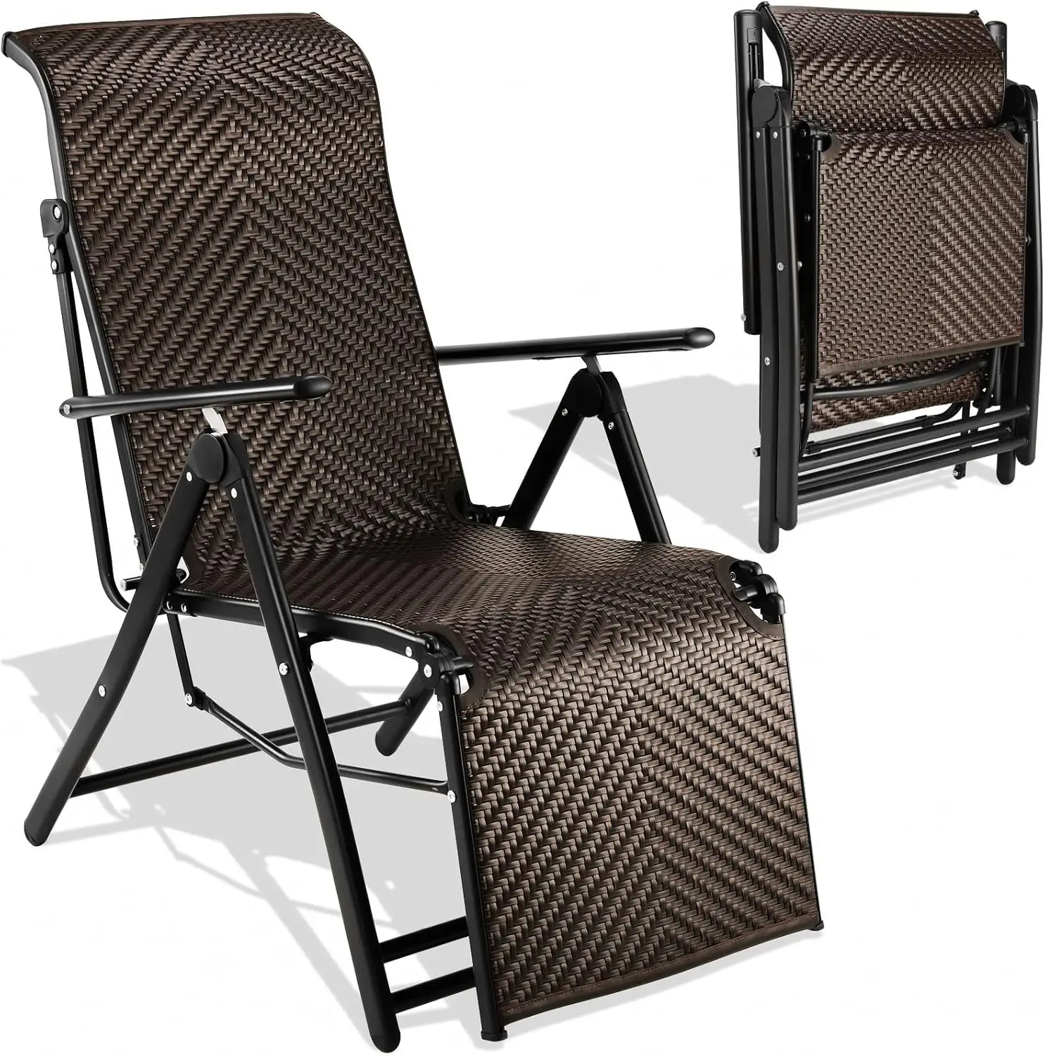 Silla Plegable de Ratán para Jardín, Tumbona Ajustable en 7 Niveles con Reposabrazos Anchos, Estructura de Aluminio, Apta para Jardín, Patio, Playa