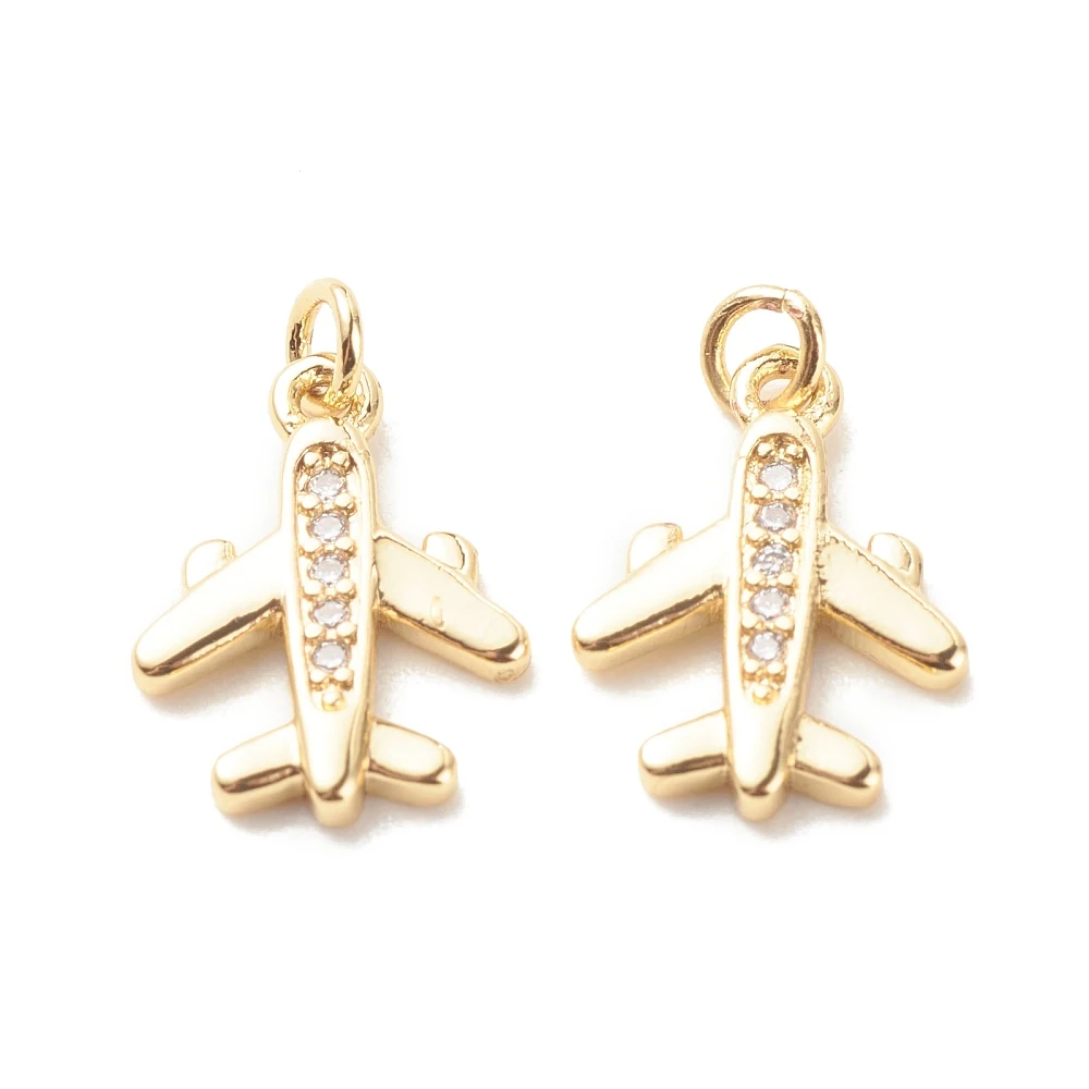 2Pcs Airplane Pendants Brass Micro Pave Clear Cubic Zirconia Pendants with Jump Ring Real 18K Gold Plated for Women DIY