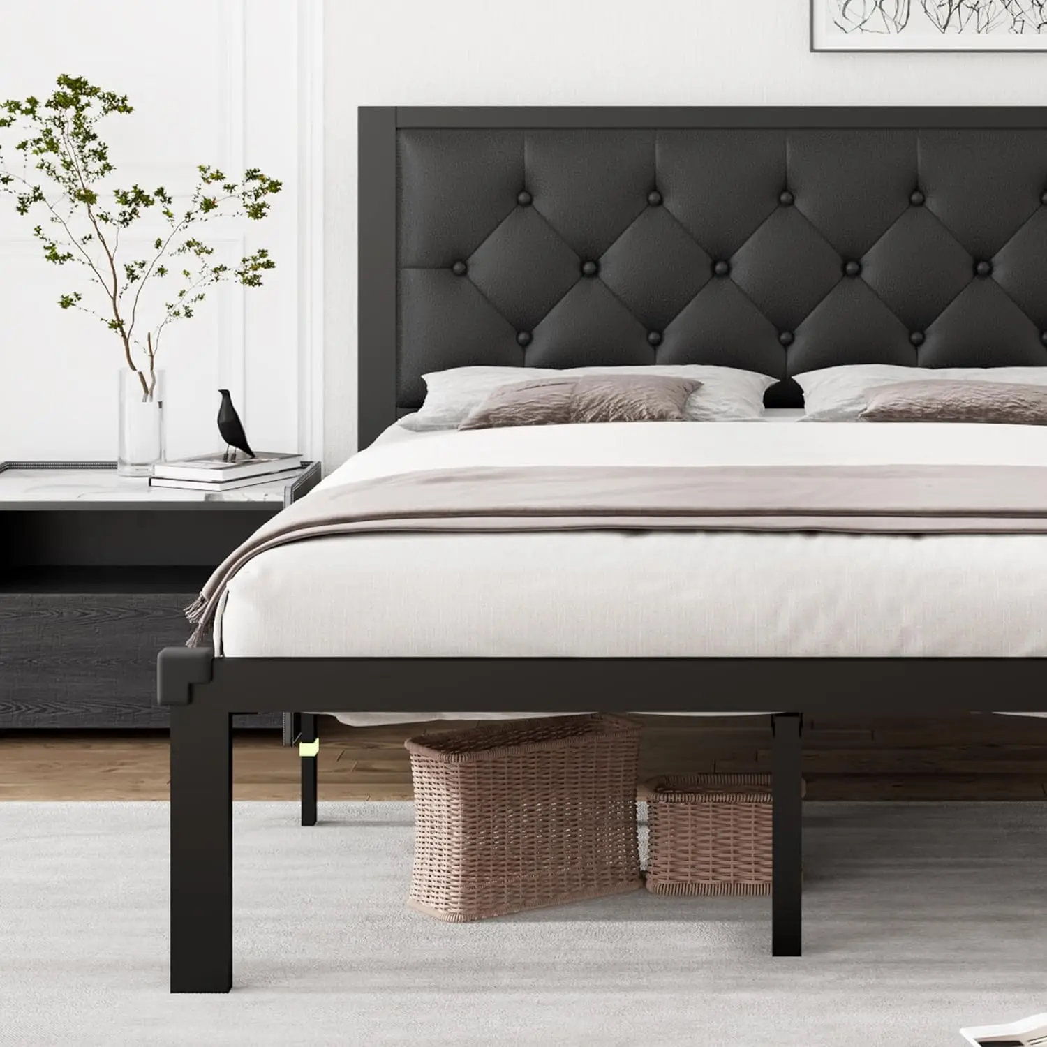 

Full Metal Bed Frame, Faux Leather Platform Bed Frame with Button Tufted Headboard, 12" Space, Steel Slats Supp