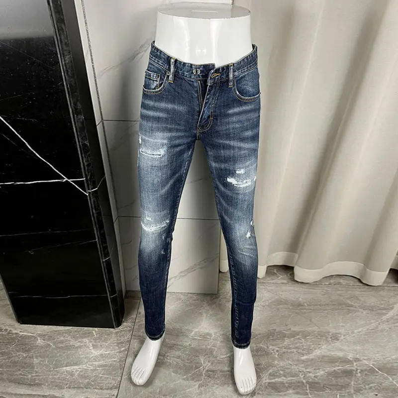 Designer street fashion men's jeans retro elastic slim fit jeans men's hip-hop brand blue high-quality pants Hombre