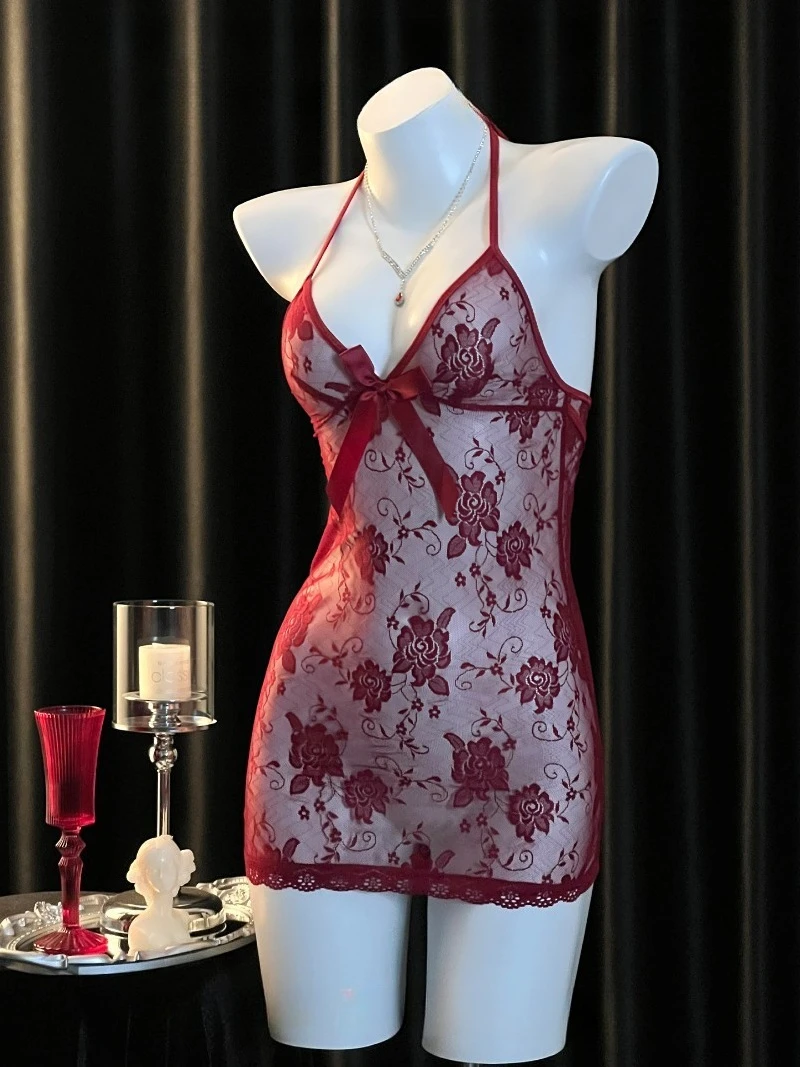 

Mature Hot Red Transparent Night Dress,Romantic Couple Seduction Pajama,See-Through Lace Uniform,Flirty Atmosphere Long