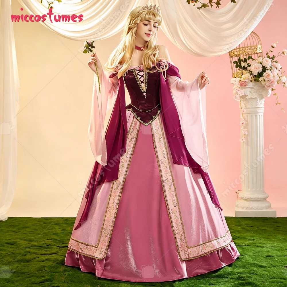 【Sofort versandbereit】Cosplay.fm Premium Ver Schlafende Prinzessin Cosplay-Kostüm für Halloween, mittelalterliches Kleid mit Schleife und Halsband