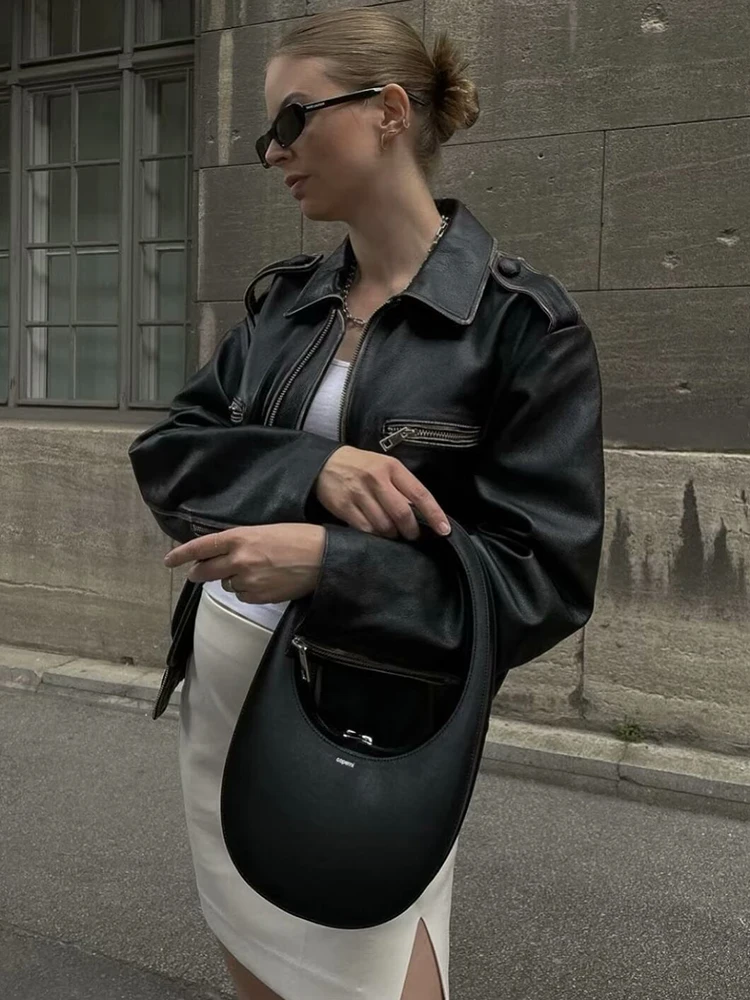 Women Elegant Solid Zipper Bomber Jacket Fashion Lapel Long Sleeve Elastic Waist Leather 2024 Autumn Female Chic High Streetwear