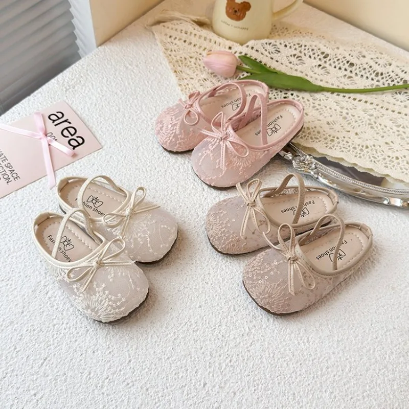 Embroidery Flowers Children Flats Shoes Summer Bow Mesh Toddler Girls Princess Shoes Breathable Non Slip Kids Slingbacks Shoes