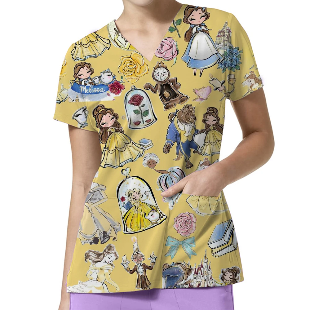 Bellissimo modello Disney Princess Cartoon stampato T-shirt da donna Estate Nuovo comodo e casual Uniforme da infermiera Stile Y2k Top