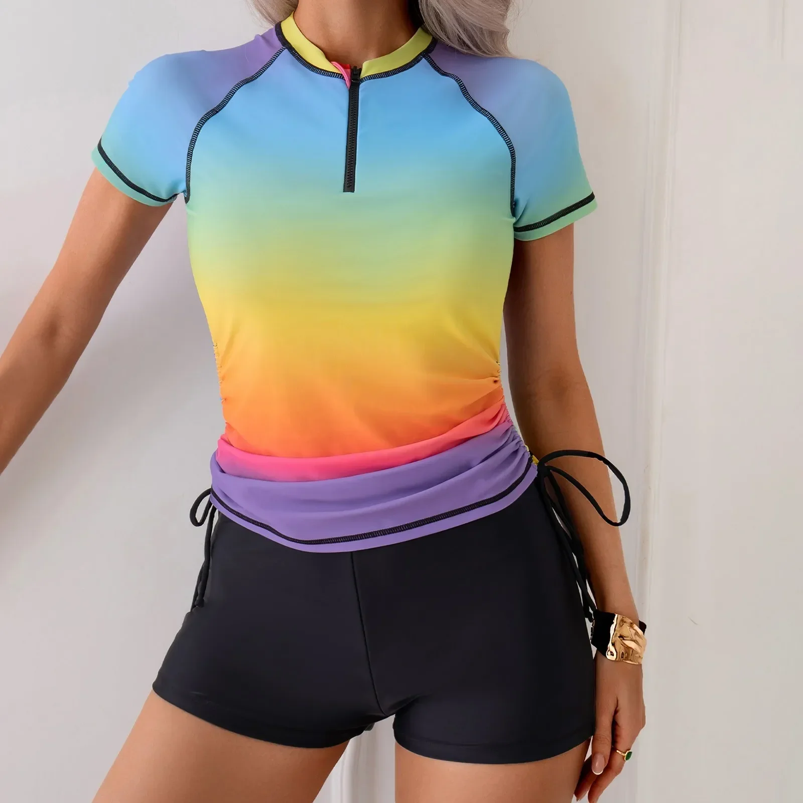 

Women Beach Sports Bikini Set Gradient Color Short Sleeve Push Up Splicing Zipper Cover Tummy Tops Flat Angle Side Tie Shorts