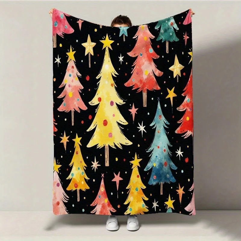 

1pc Pastel Christmas Fleece Blanket - Pink/Green/Golden/Blue, All-Season Holiday Couch Bedspread