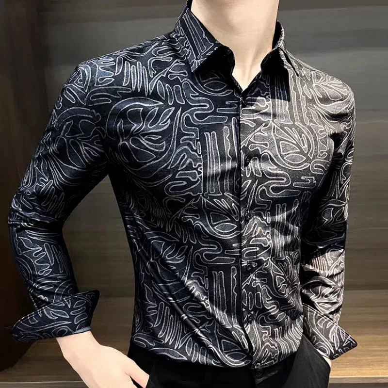 

Весенне-осенний кардиган с отложным воротником и пуговицами, длинным рукавом, кардиган с геометрическим принтом, мужская одежда, рубашка, повседневные формальные топы WT34