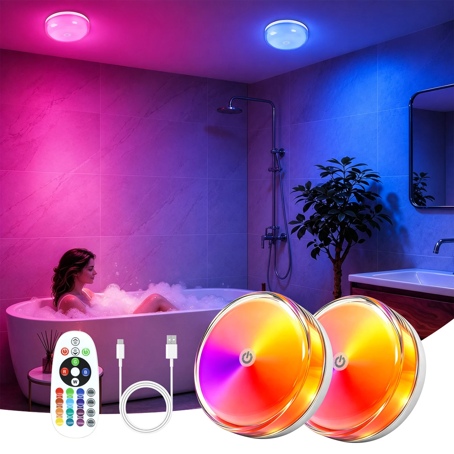 1/2 PCS Shower Lights for Inside Shower Rechargeable Shower Lamp Mood Lighting with Remote LED Magnetic Ceiling/Wall Light
