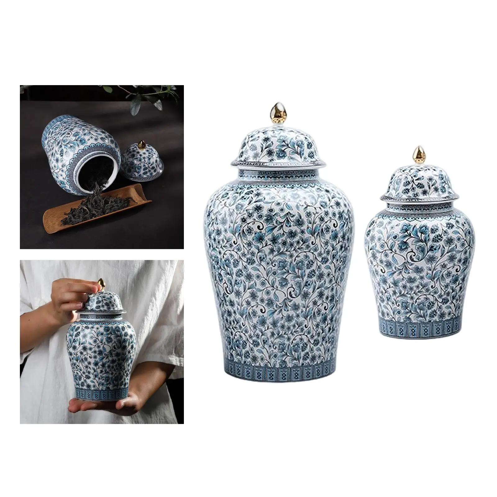 Jarrón de cerámica azul y blanco, tarro chino Retro General, tarro de jengibre, jarrón de porcelana, tarro de jengibre con tapa, botellas de decoración del hogar