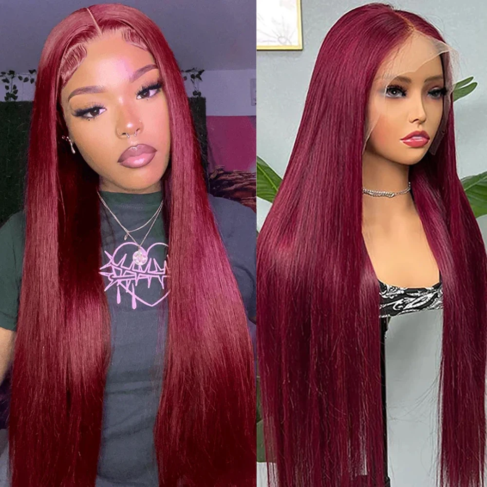 99j Colored Wigs Burgundy 13x4 HD Transparent Lace Front Human Hair Wigs Brazilian Straight Human Hair Frontal Wigs For Women