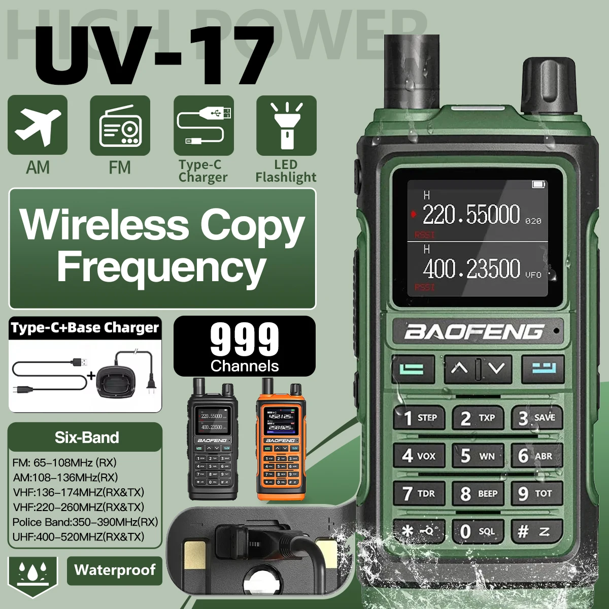 1台-バオフェン-uv-17-ハイパワー-マルチバンド無線機-タイプc充電器付きトランシーバー-ハム-双方向無線-長距離通信-uv-17-病院用