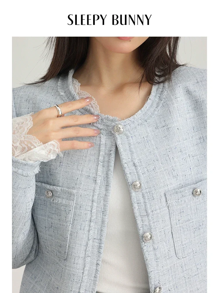 Retro Style Tweed Blazer Women Spring 2025 Elegant Round Neck Jacket with Shoulder Pads Chic Casual Office Lady Outerwear Coat