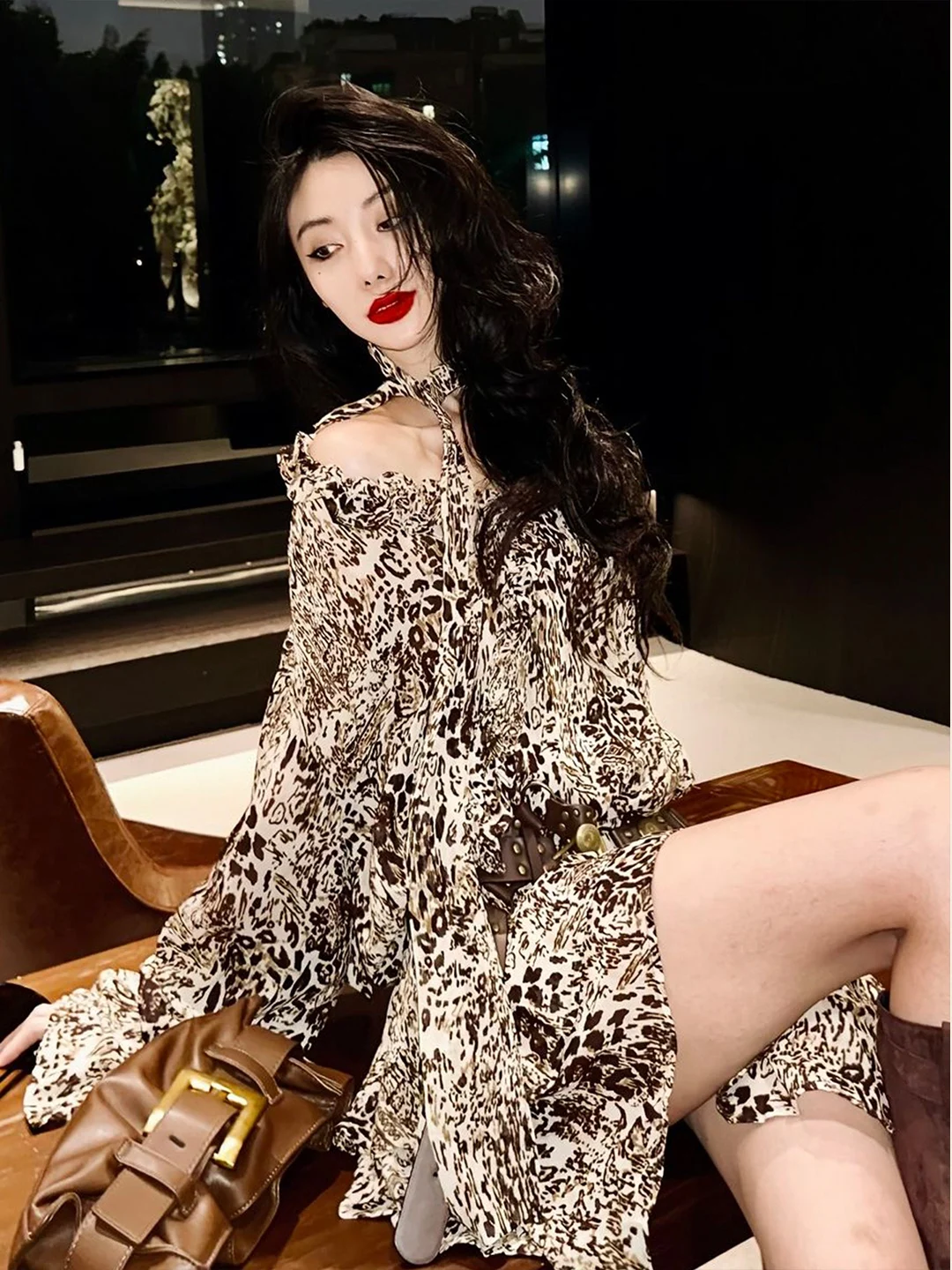 

Ele Lady Sle Leopard Print Dr Women's Long Sve A-Line Skirt High-End Feelings Spring 2026 Casual Faion Cotton