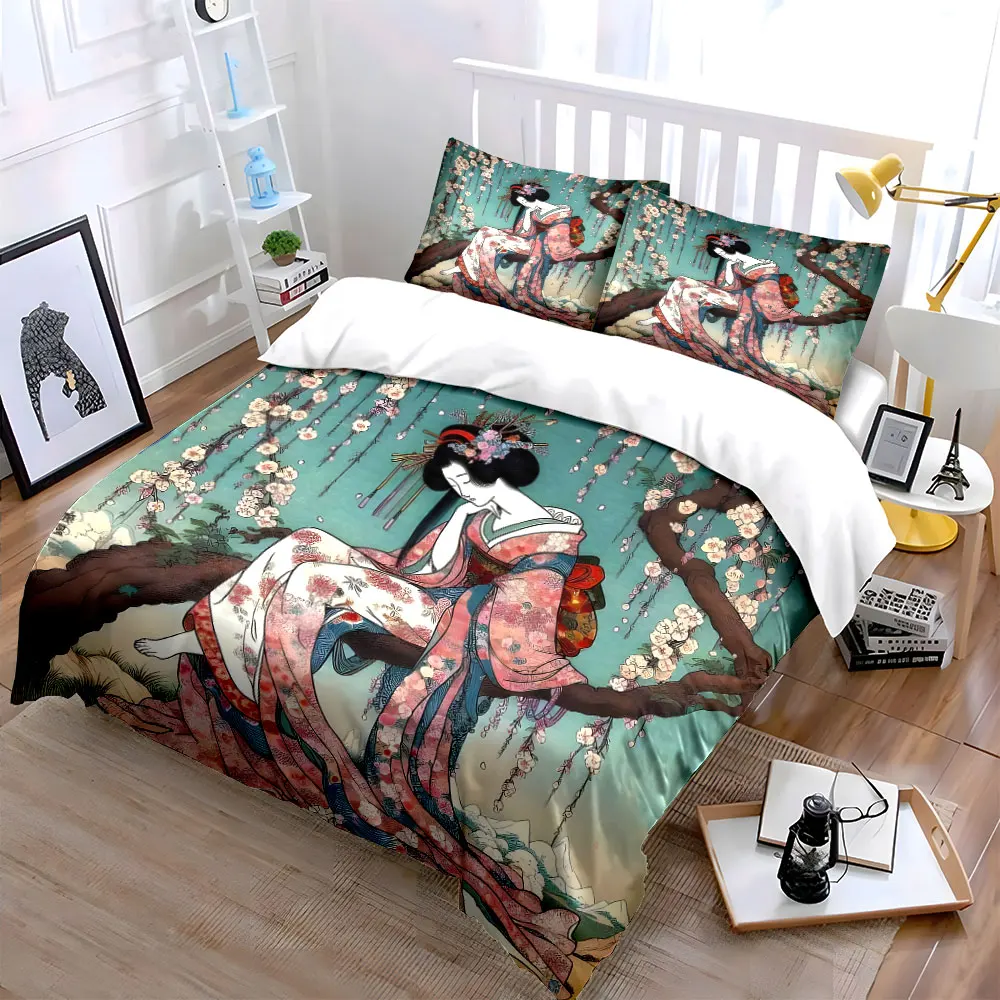 Woman in Kimono under Cherry Tree Print Bedding Set 1 Duvet Cover 2 Pillowcases for Adult and Children Luxury Gift Full Size