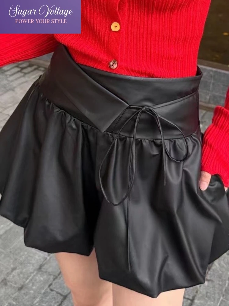 Korean Sweet Bow Bubble Skort Women 2025 Autumn A Line High Waist Mini Skirt Slimming Cute Elegant Youthful Fashion Outfit Trend