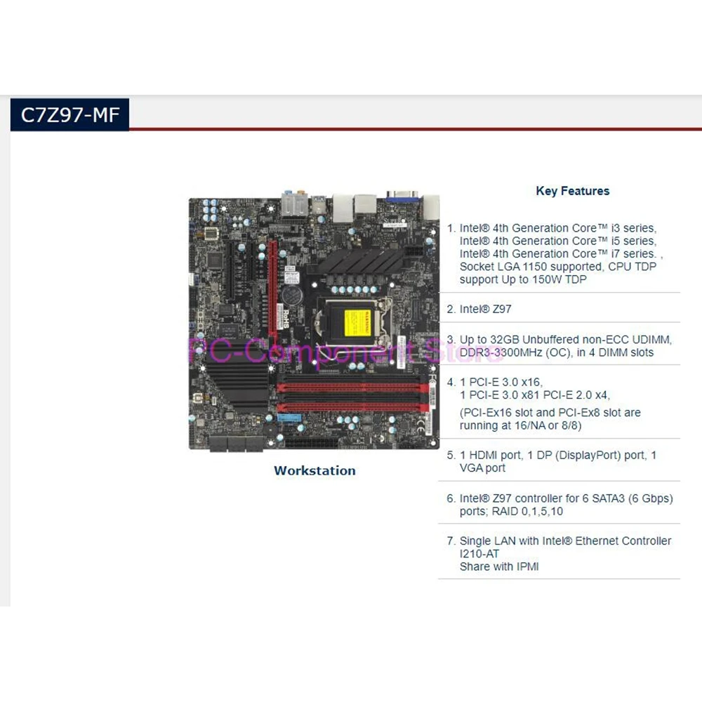 

Материнская плата C7Z97-MF для рабочих станций/игр, 4-го поколения, серия i3 i5 i7, DDR3-3300 МГц (OC), PCI-E 3.0, LGA1150, C7Z97-MF