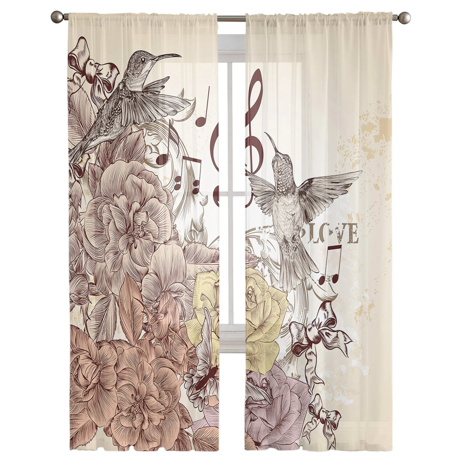 Yellow Hummingbird Musical Note Flower Bow Tulle Voile Curtains Bedroom Window Curtain Living Room Sheer Curtains Organza Drapes