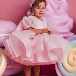 Light Pink Flower Girl Dress For Wedding New Puffy Short Sleeves With Bow Princess Birthday Party First Communion Ball Gowns