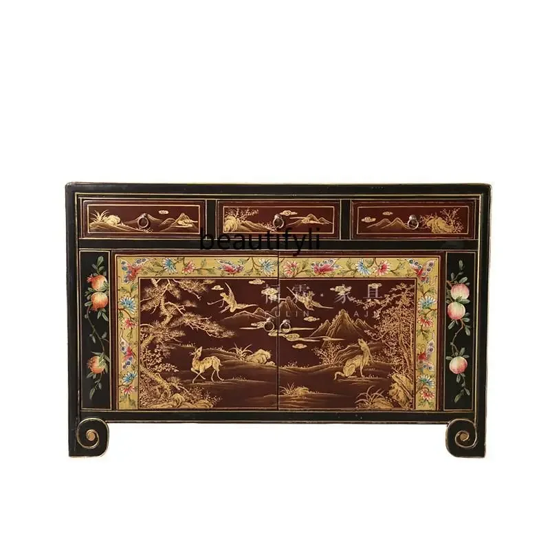 

ss8350 Retro decorative Chinese side cabinet Solid wood entry foyer cabinet Gold painted partition cabinet Old furniture