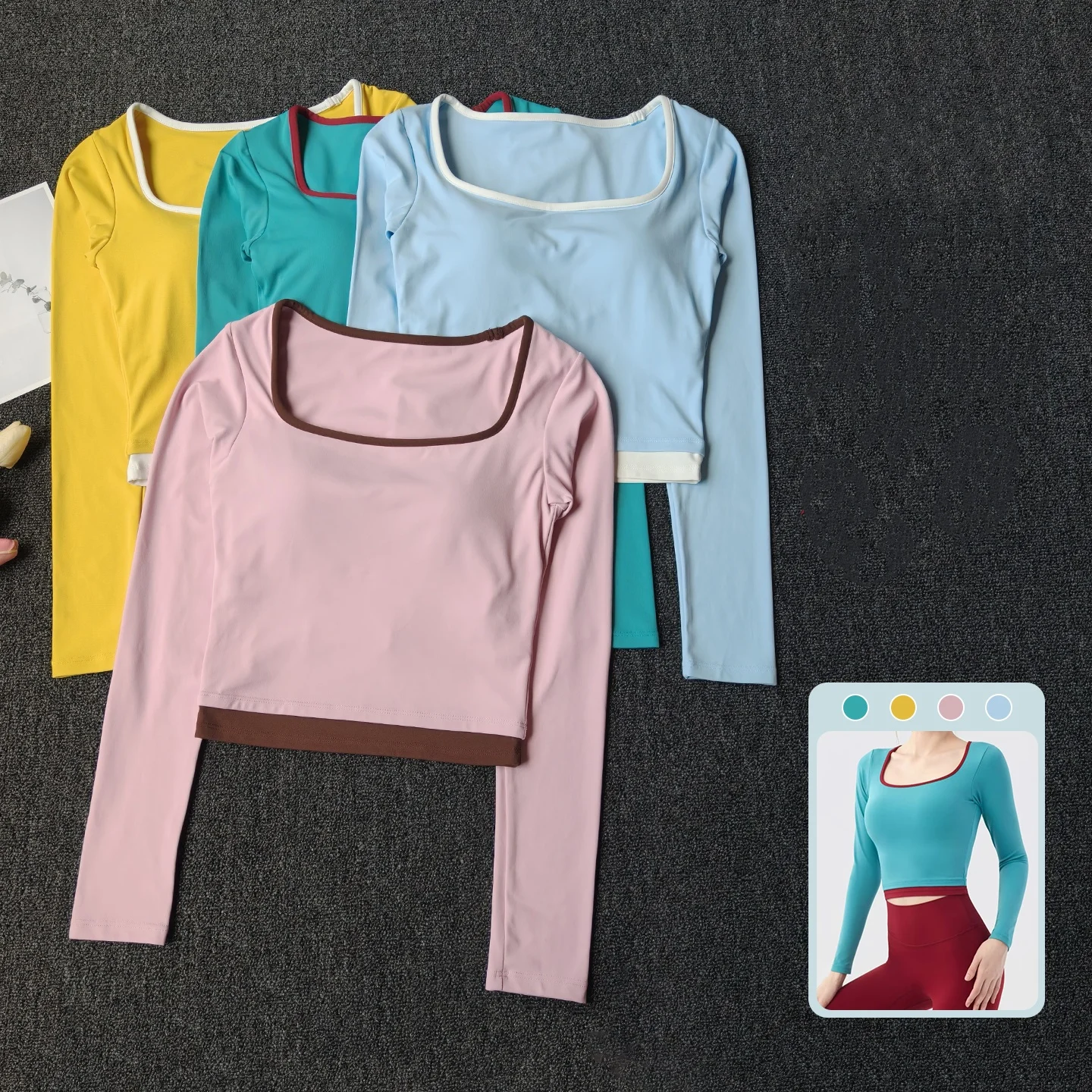 

Autumn New Contrasting Yoga Suit for Women with Chest Pad Square Collar Top T-shirt Pilates Running Sports Fitness Long Sleeves