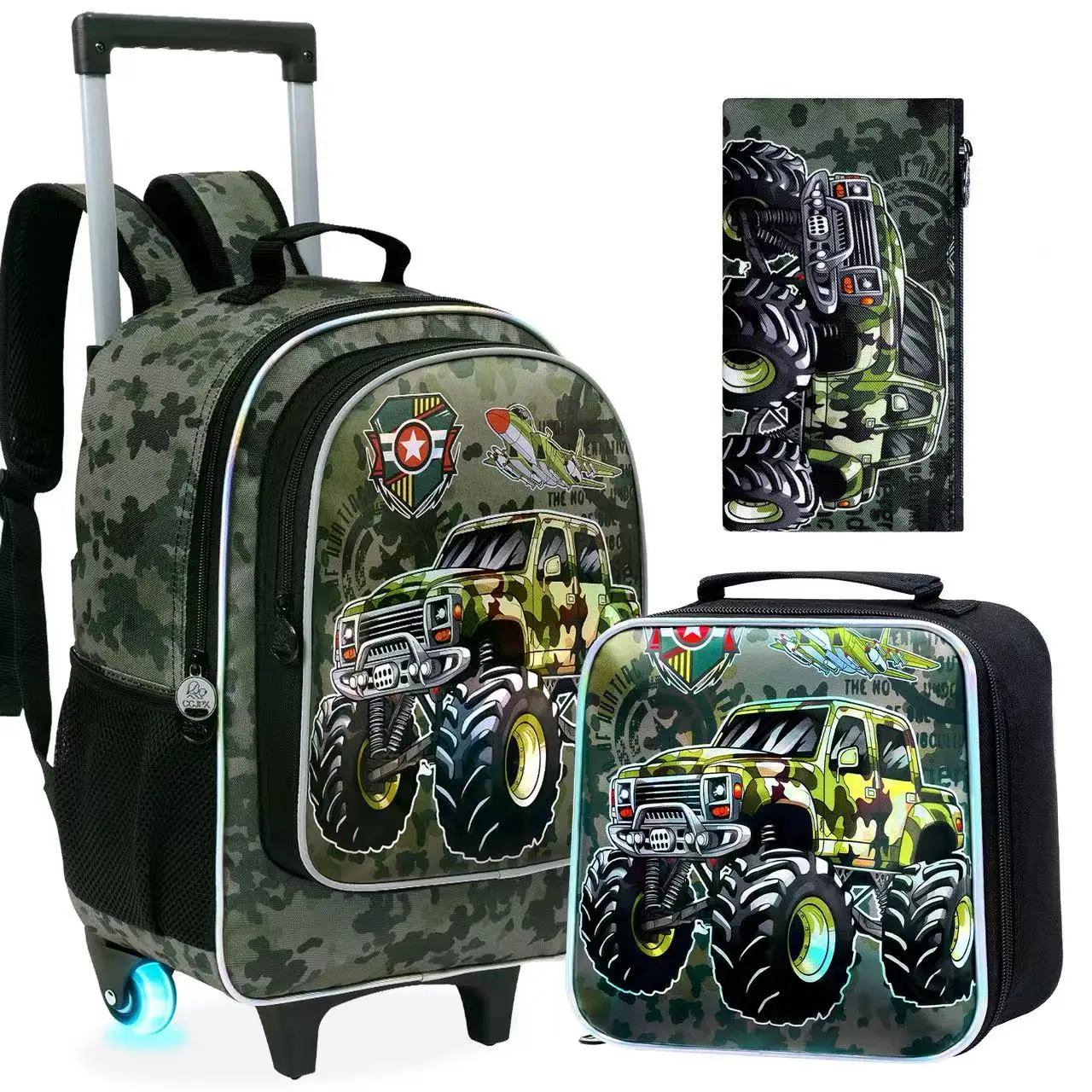 

Детский внедорожный рюкзак-тележка с светящимися колесами, камуфляжный дизайн, школьный набор 3 в 1 для мальчиков 6-12 лет