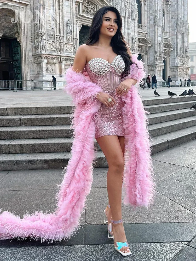 

JONN 2024 Luxury Dress for Women Pink Feather Scarf Strapless with Crystal Sequins Mini Celebrity Party Vestido New Trendy