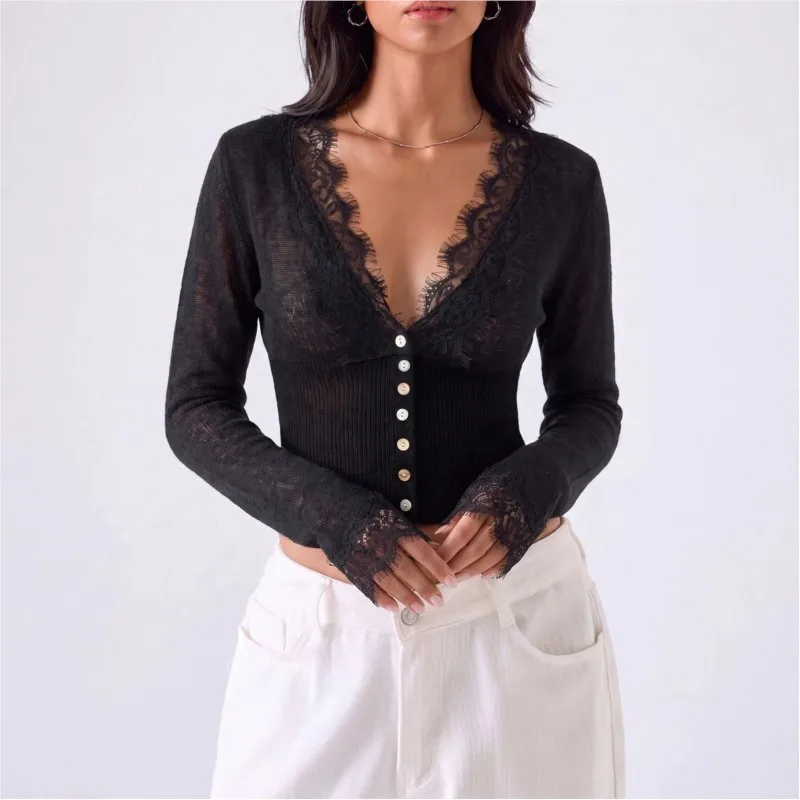 MsChuh Women's T-shirts And Polos Blusas Long Sleeve Tops Women's Jumper Sweater Trendy Lace Patchwork V-link Temperament Slim 3