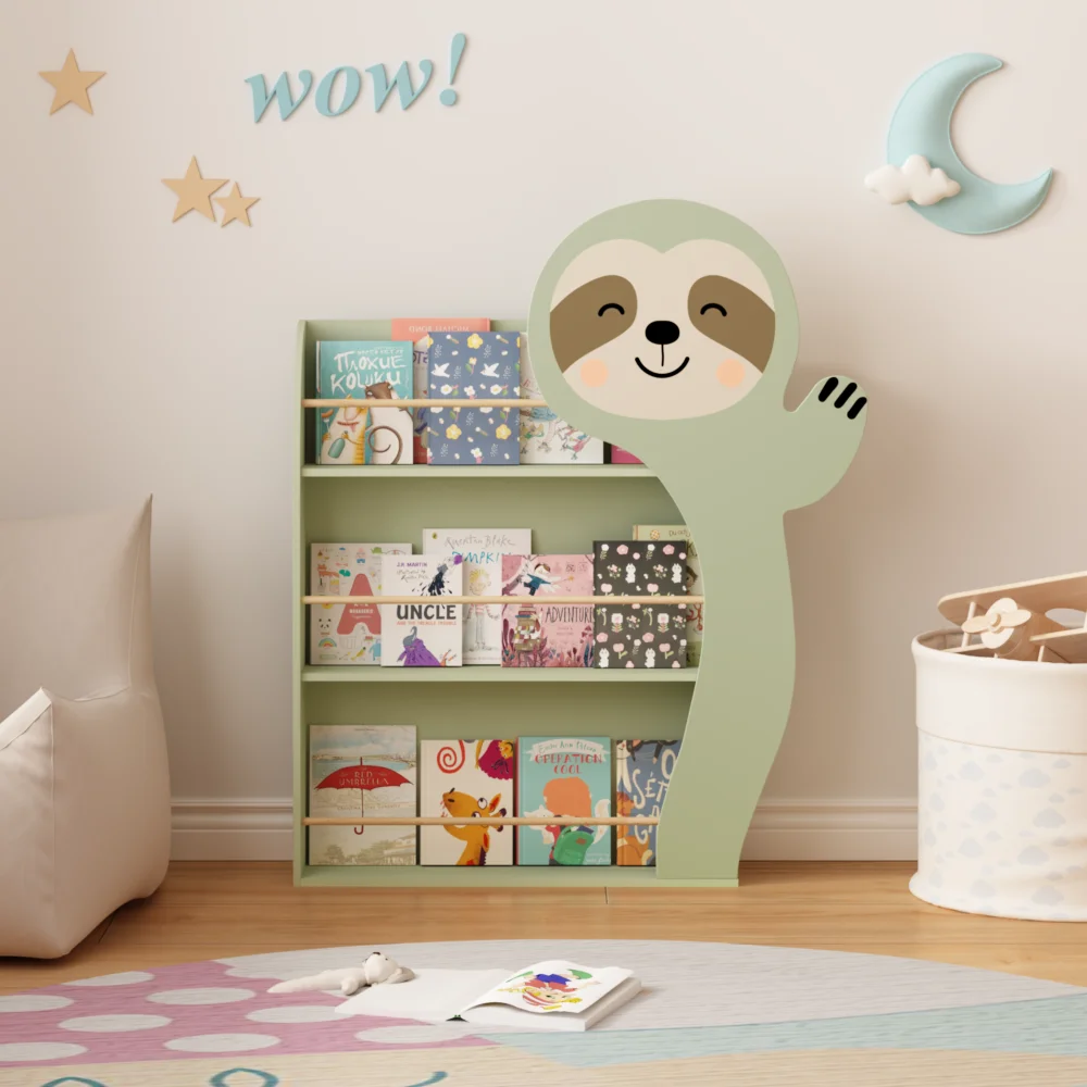 Orraves Sloth Kids Bookshelf, Front-Facing Toddler Book Display Rack with 3 Tiers, Cute Animal Design, Wooden Nursery Bookshelf for Playroom, Bedroom & Reading Corner, Safe & Sturdy Storage Organizer