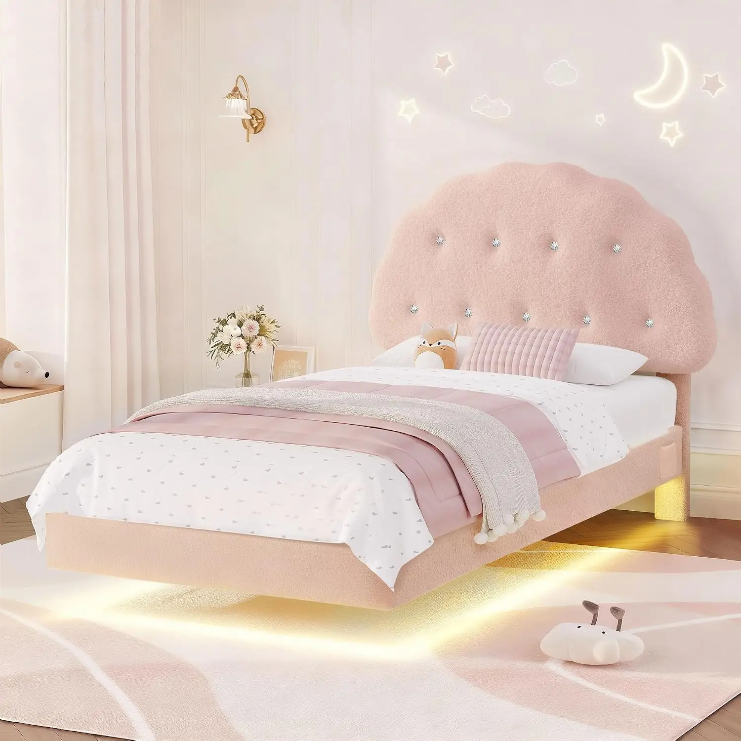 Twin Size Bed Frame Headboard Led Lights Cloud Floating Upholstered Beds Adjustable Headboard Raised Footboard Princess Prince B