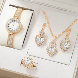 5pcs Dainty Quartz Watch With Jewelry Set Fashion Round Women Watch Rhinestone Necklace Earrings Ring Set