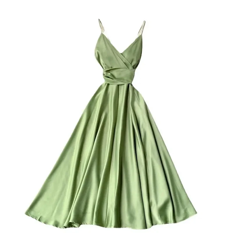 فستان طويل أنيق بحمالات خضراء 2025 نمط عطلة الصيف عالي الخصر بدون ظهر على شكل حرف a فساتين مطوية رداء الحفلات #6