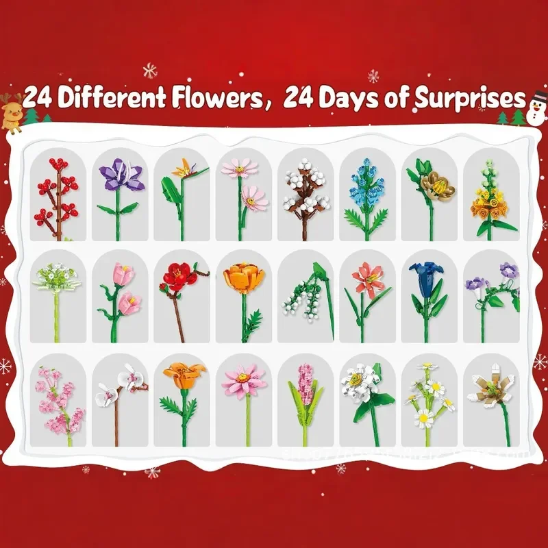 Christmas Flower Bouquet Building Blocks Advent Calendar Blind Box DIY Brick Set Holiday Decor Gift for Women Kids 24 Days